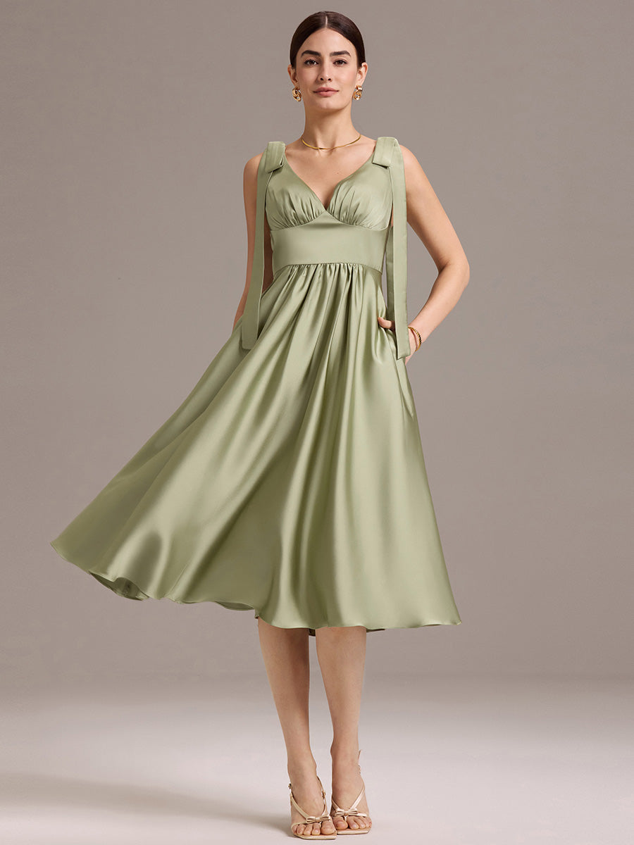 Color=Sage Green | Wholesale V-Neck Sleeveless Tie-Shoulder Midi-Length Satin Dress-Sage Green 1