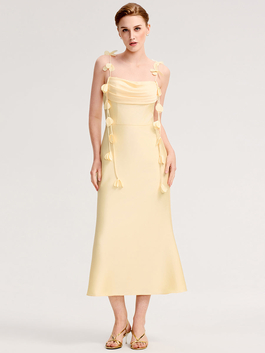 Color=Yellow | Wholesale Pricing Strapless Fishtail Non-Stretch Midi Dress with Floral Tie-Front | Wedding Guest Dresses-Yellow 1