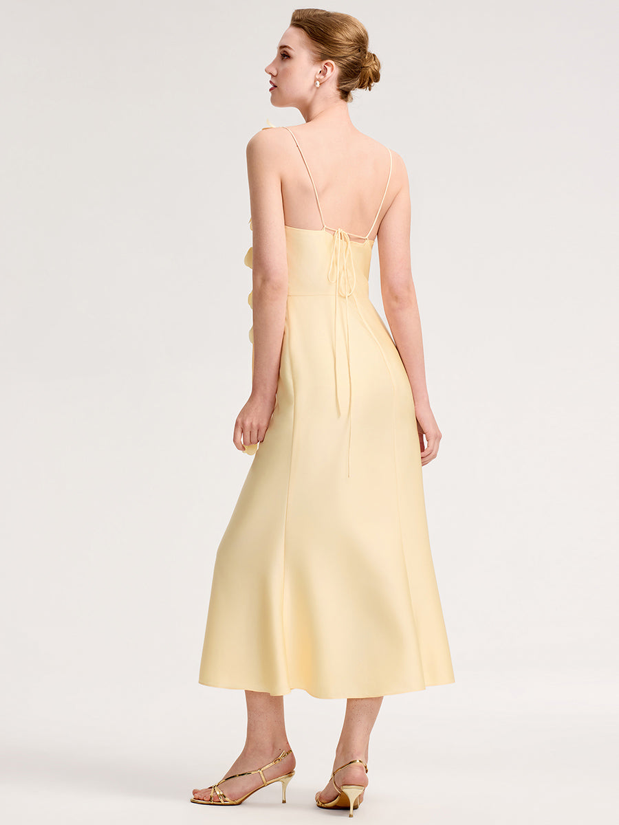 Color=Yellow | Wholesale Pricing Strapless Fishtail Non-Stretch Midi Dress with Floral Tie-Front | Wedding Guest Dresses-Yellow 2