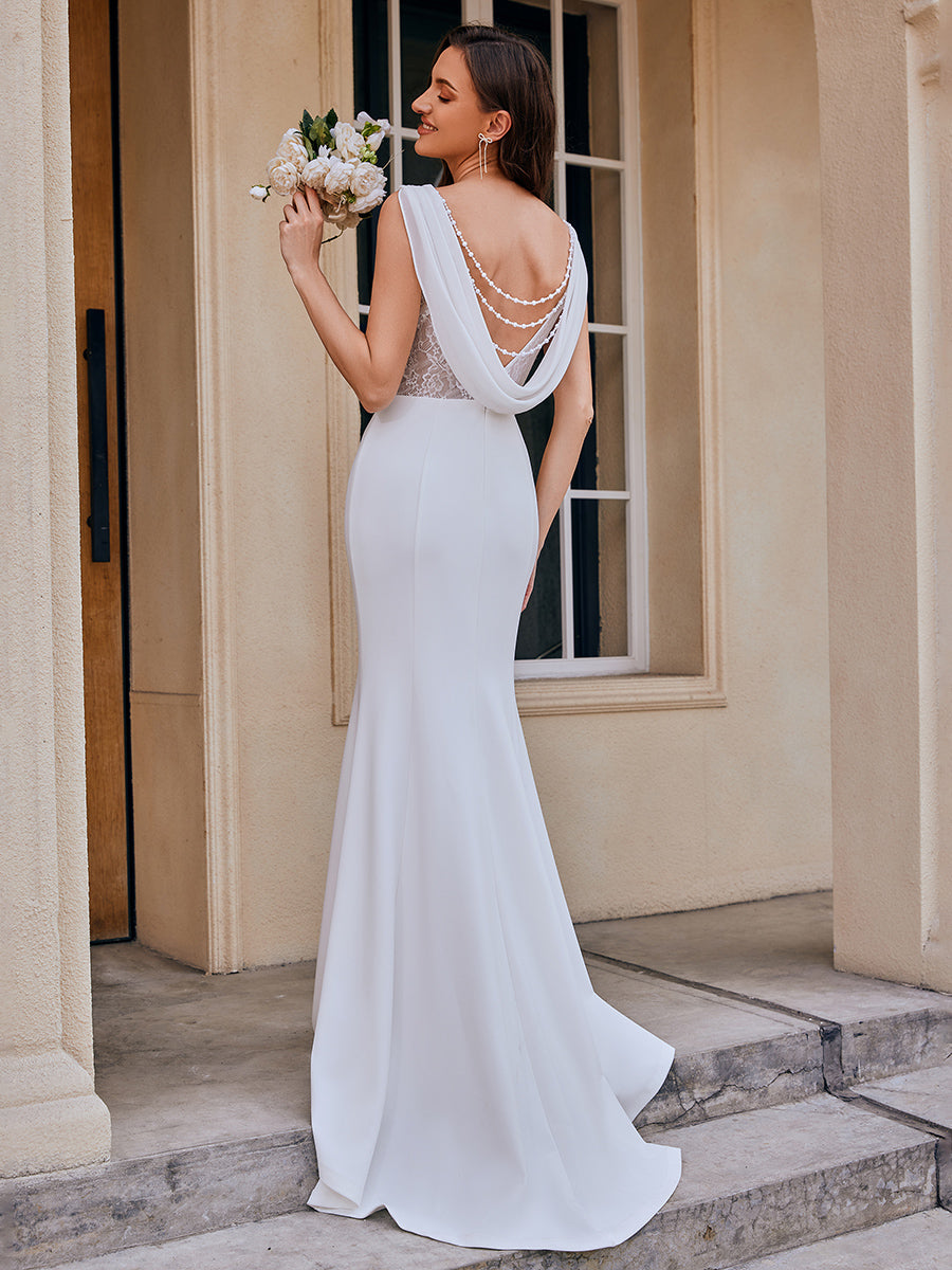 Color=White | Wholesale Round Neck Sleeveless Bodycon Fishtail Floor-Length Wedding Dress-White 2