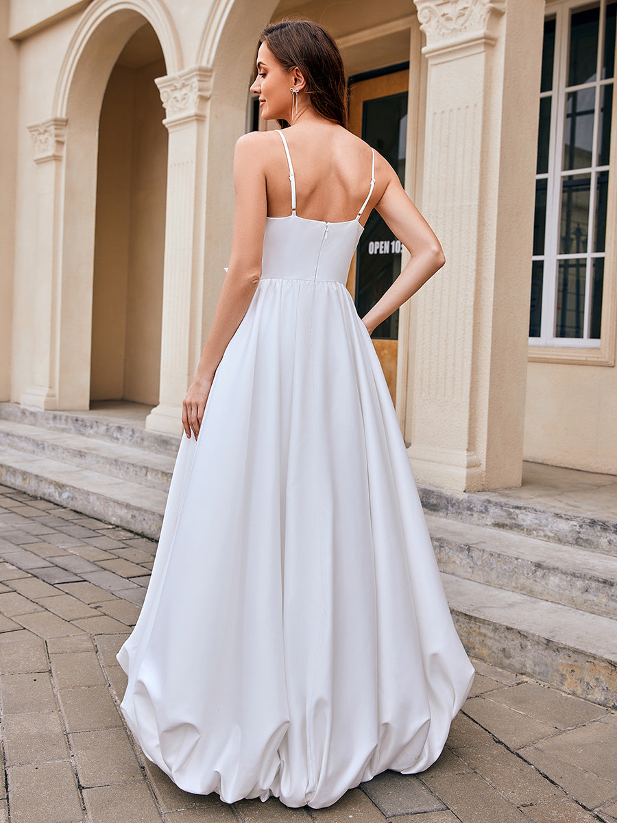Color=White | Wholesale V-Neck Spaghetti Strap A-Line Floor-Length Wedding Dress with Bowknot-White 2