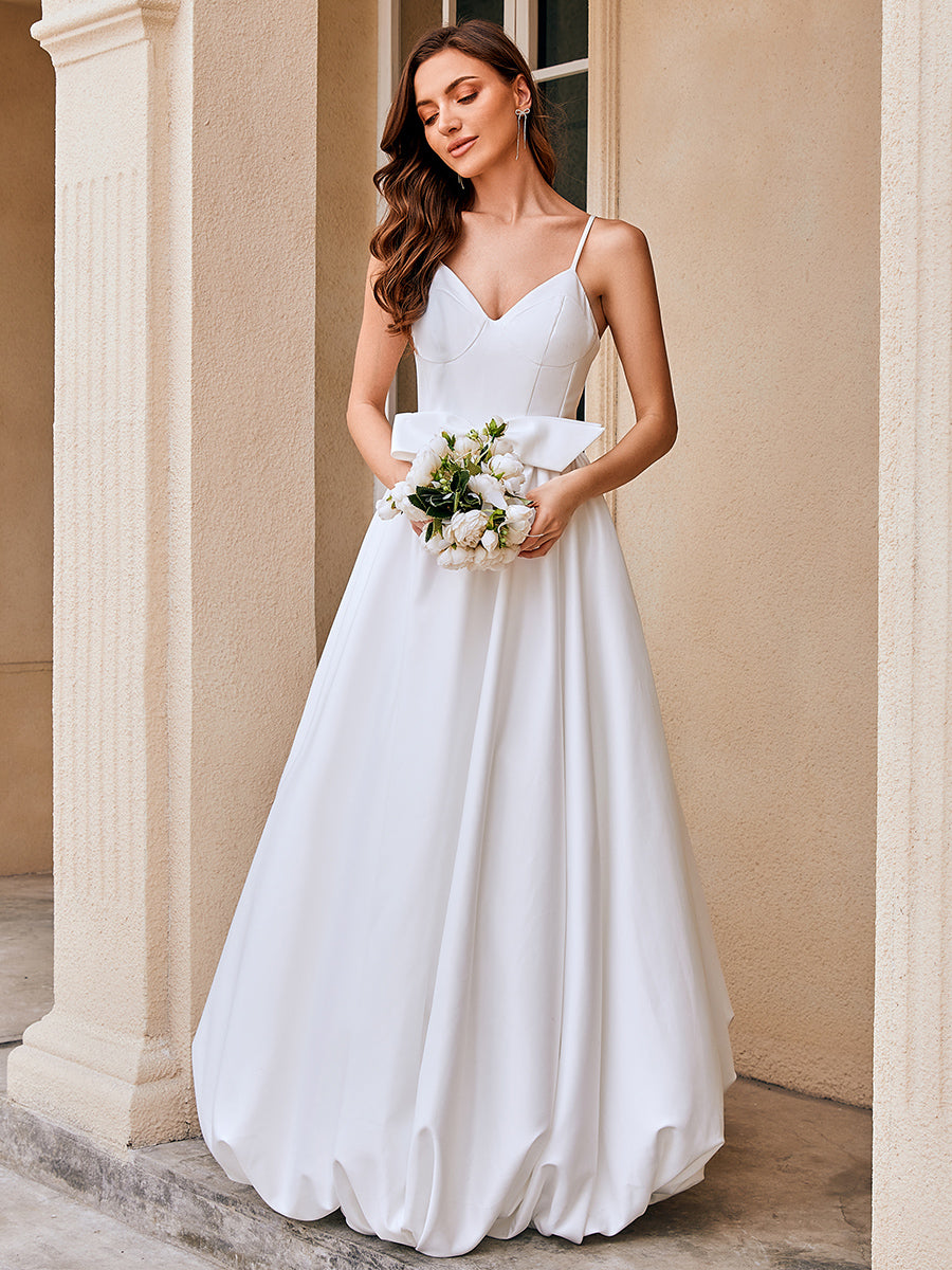 Color=White | Wholesale V-Neck Spaghetti Strap A-Line Floor-Length Wedding Dress with Bowknot-White 4