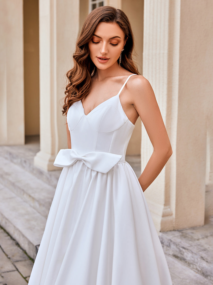 Wholesale V-Neck Spaghetti Strap A-Line Floor-Length Wedding Dress with Bowknot