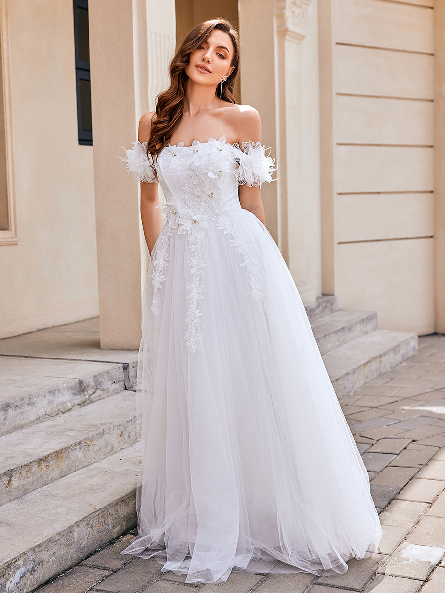 Color=White | Wholesale Off Shoulder Short Sleeves A-Line Floor-Length Wedding Dress with Embroidery-White 1