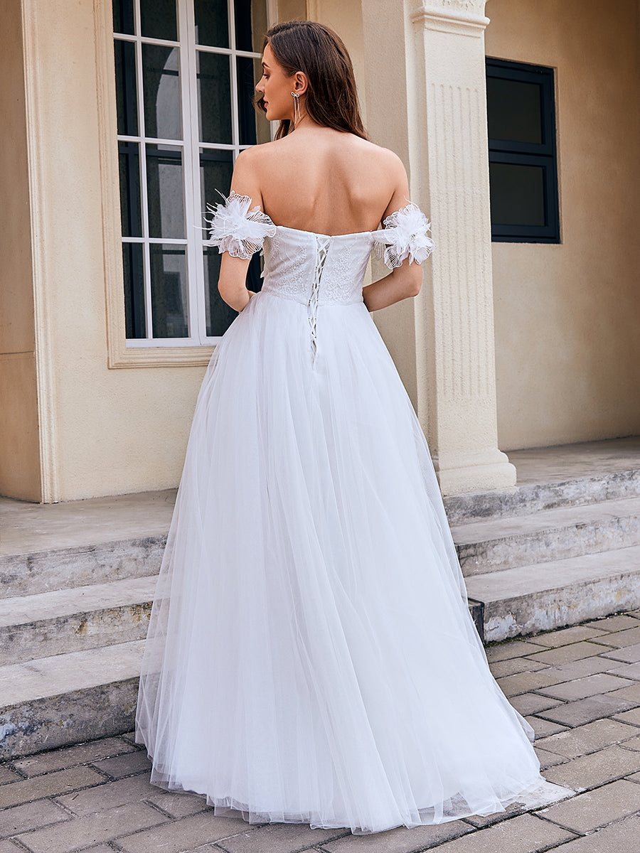 Color=White | Wholesale Off Shoulder Short Sleeves A-Line Floor-Length Wedding Dress with Embroidery-White 2