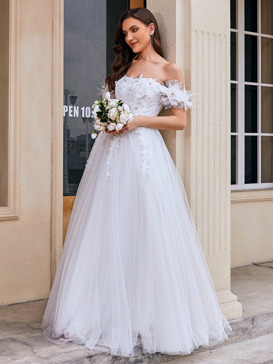 Color=White | Wholesale Off Shoulder Short Sleeves A-Line Floor-Length Wedding Dress with Embroidery-White 4
