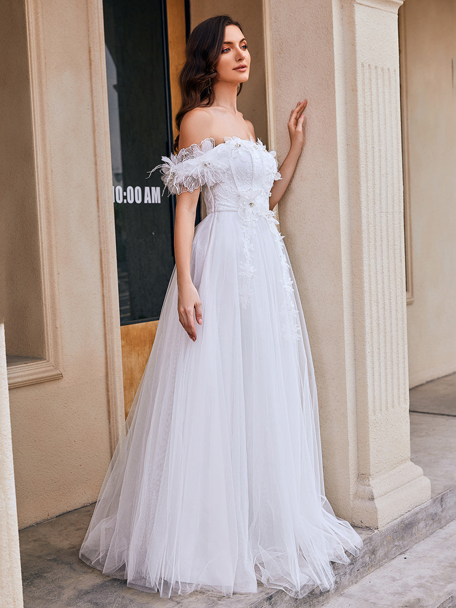 Color=White | Wholesale Off Shoulder Short Sleeves A-Line Floor-Length Wedding Dress with Embroidery-White 5