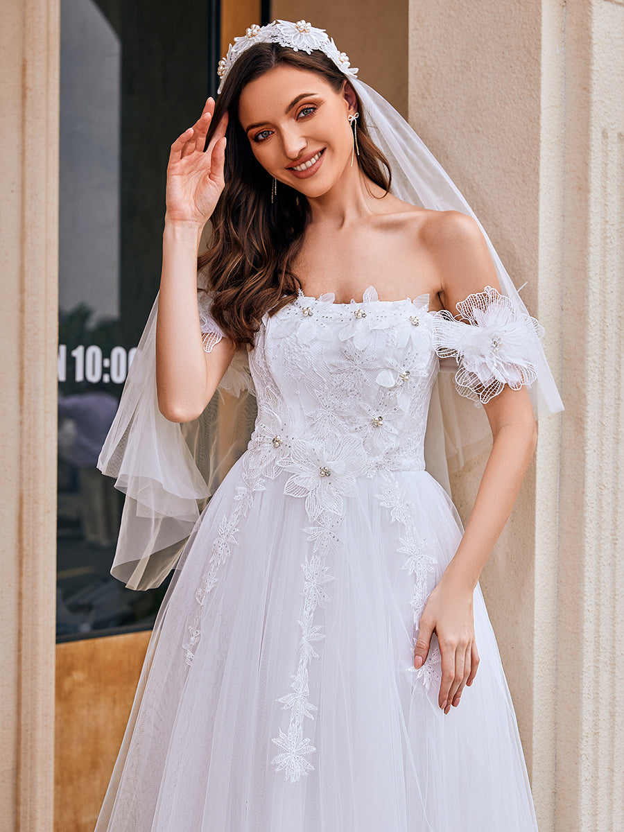 Color=White | Wholesale Off Shoulder Short Sleeves A-Line Floor-Length Wedding Dress with Embroidery-White 3