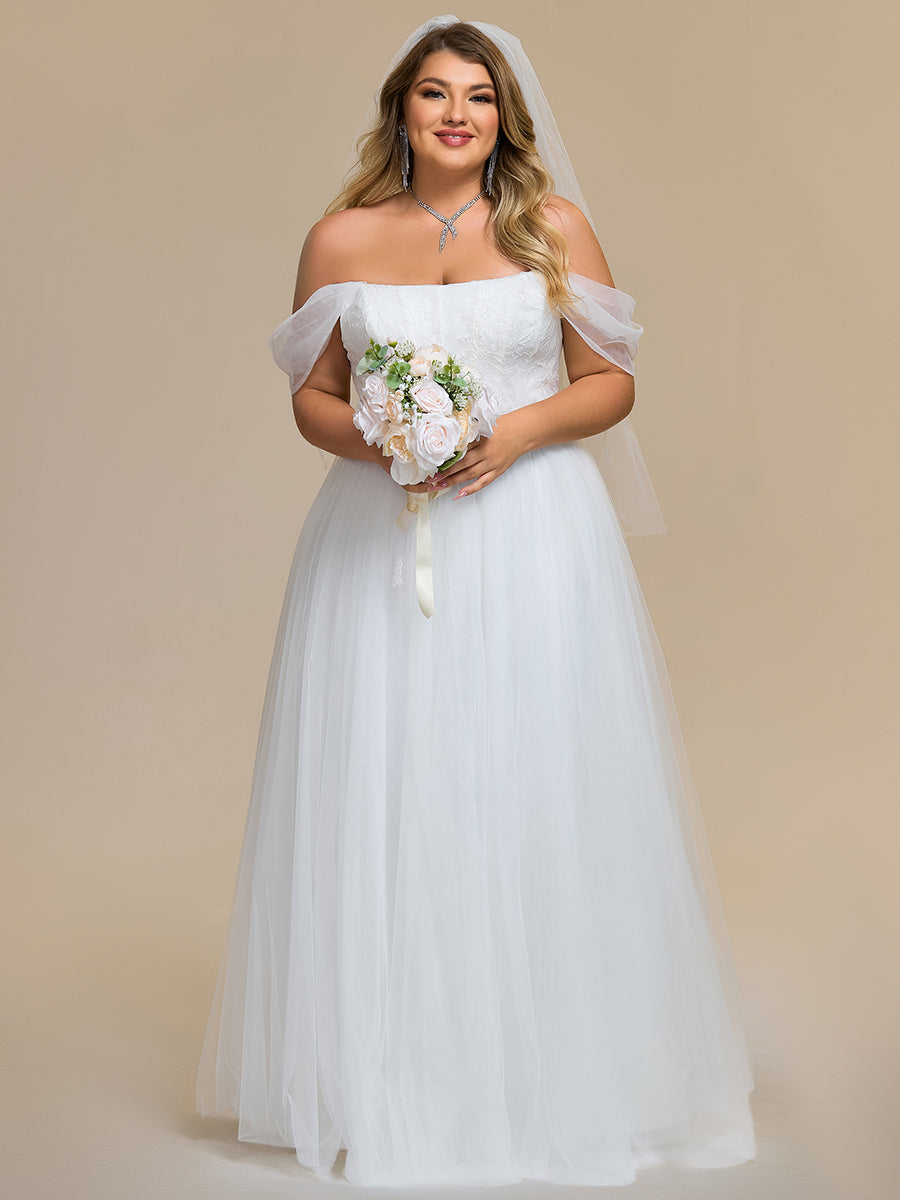Color=White | Wholesale Plus Size Off Shoulder Floor Length Wedding Dress-White 1
