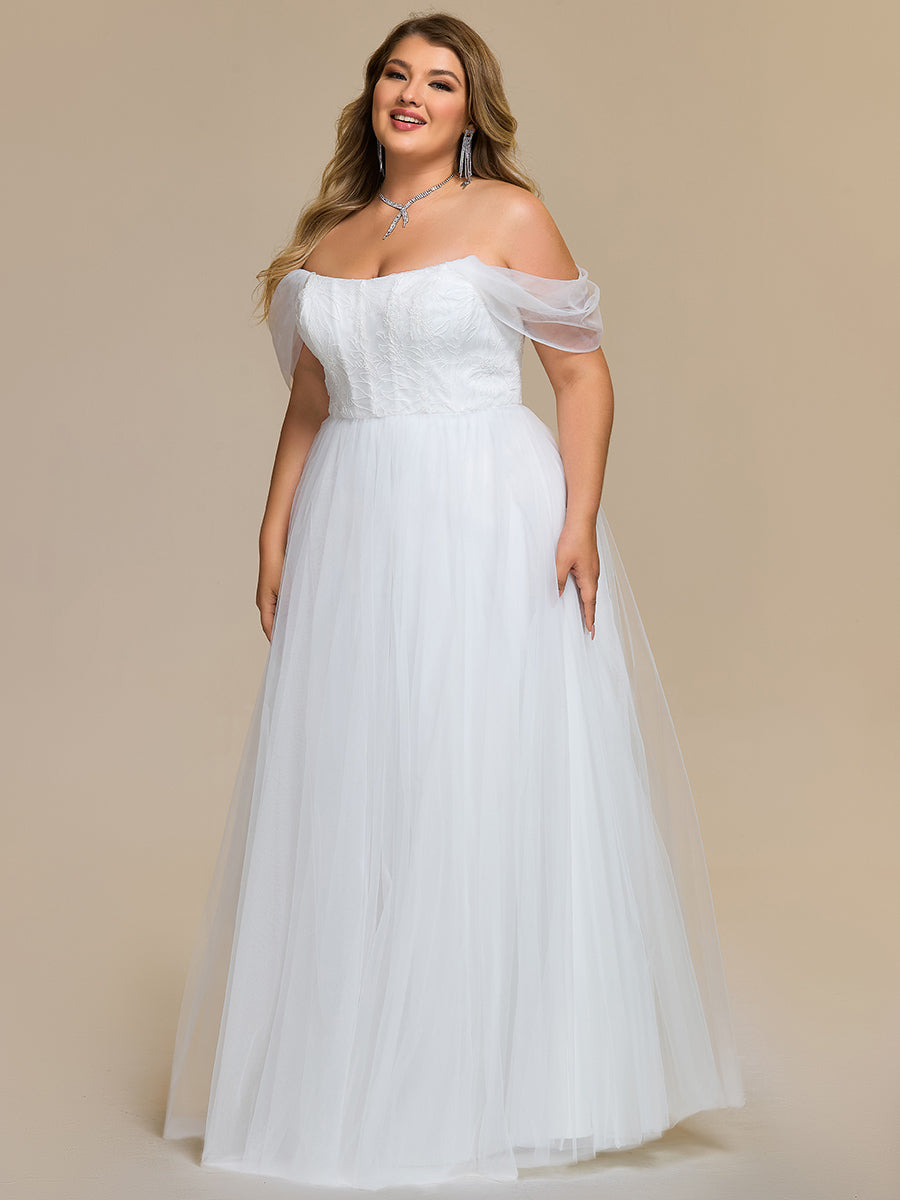 Color=White | Wholesale Plus Size Off Shoulder Floor Length Wedding Dress-White 3
