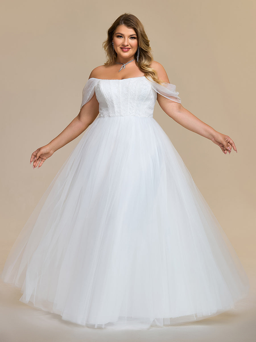Color=White | Wholesale Plus Size Off Shoulder Floor Length Wedding Dress-White 4