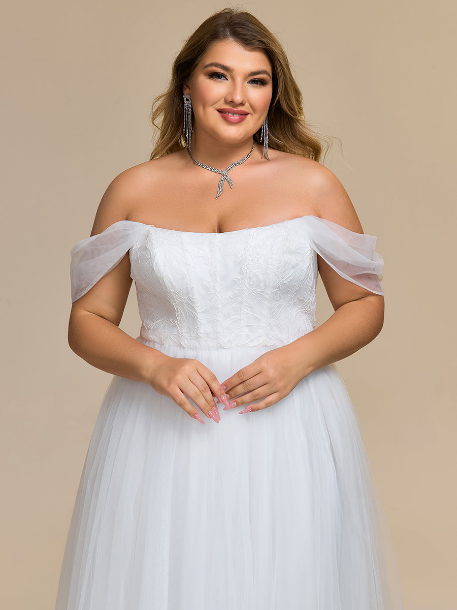 Color=White | Wholesale Plus Size Off Shoulder Floor Length Wedding Dress-White 5