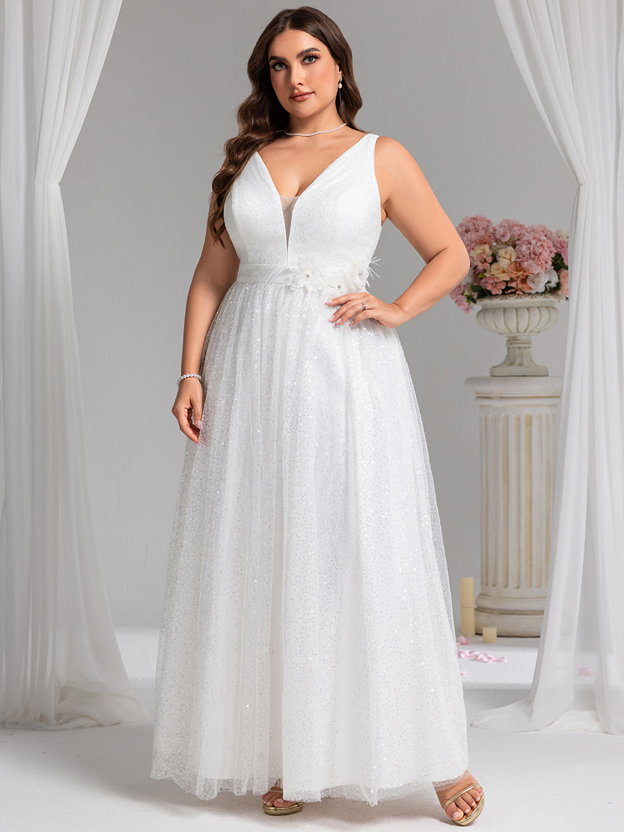 Color=White | Wholesale V-Neck Sleeveless A-Line Floor-Length Bridal Dress with Sparkle-White 1