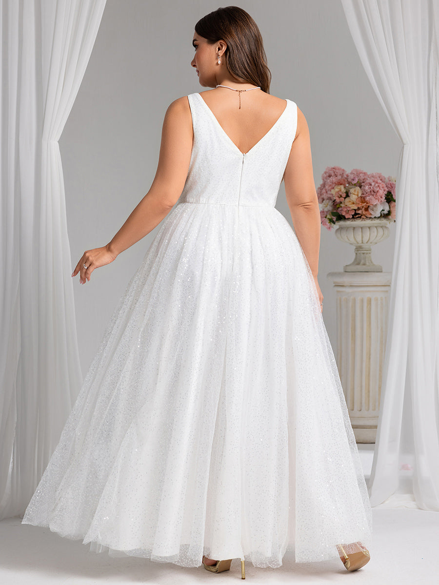 Color=White | Wholesale V-Neck Sleeveless A-Line Floor-Length Bridal Dress with Sparkle-White 2