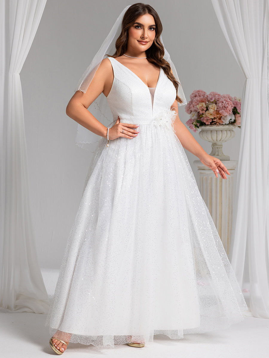Color=White | Wholesale V-Neck Sleeveless A-Line Floor-Length Bridal Dress with Sparkle-White 4