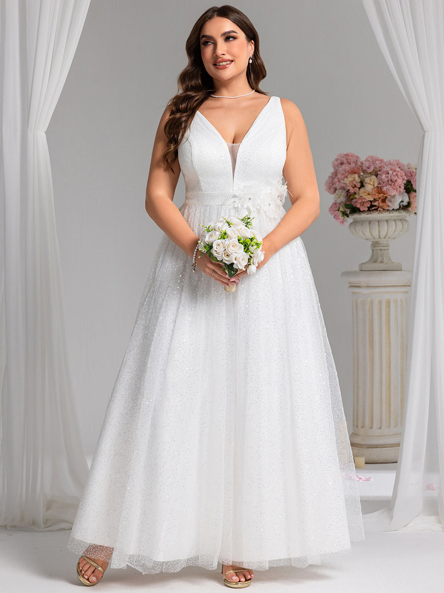 Color=White | Wholesale V-Neck Sleeveless A-Line Floor-Length Bridal Dress with Sparkle-White 5