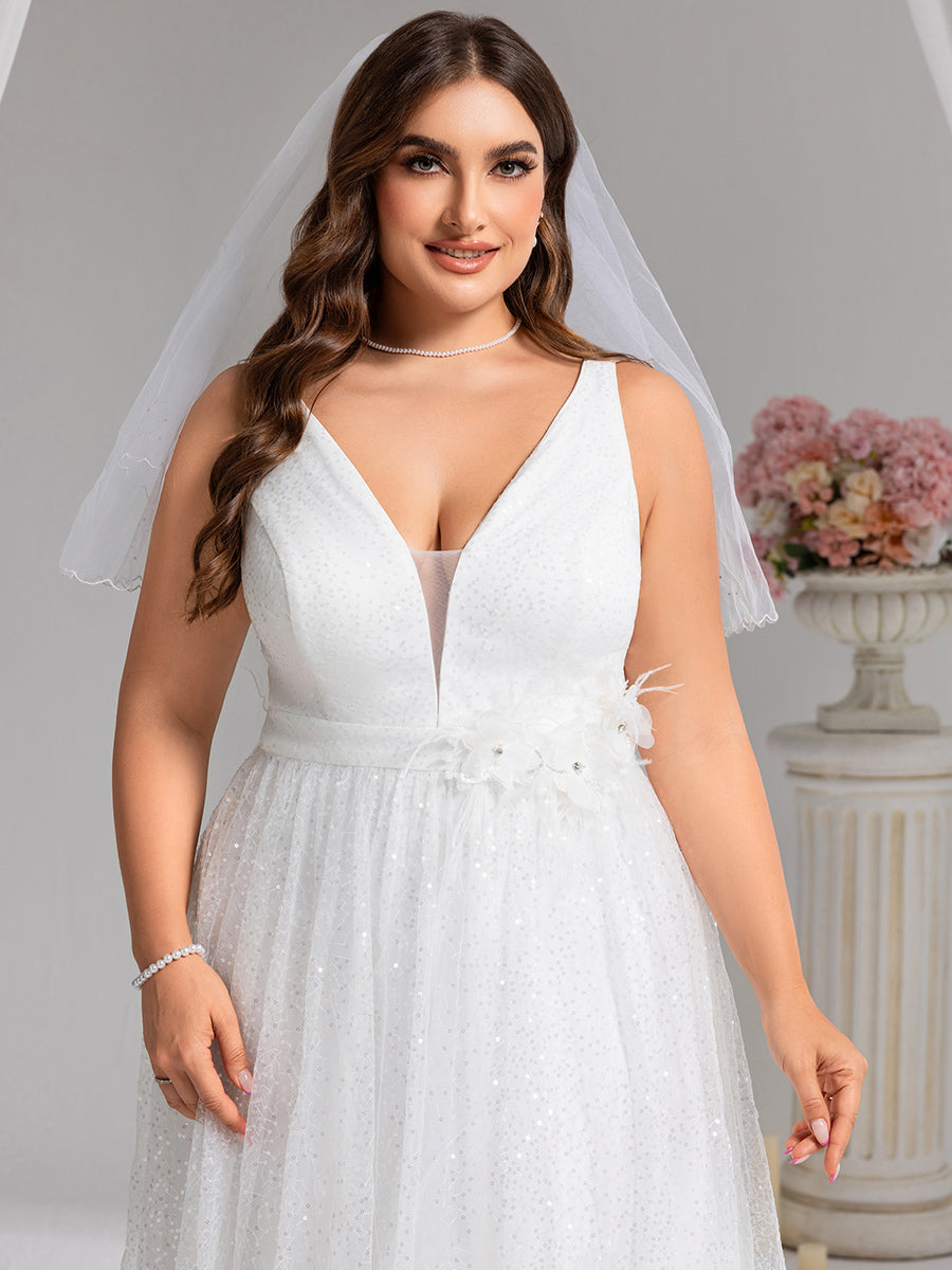 Color=White | Wholesale V-Neck Sleeveless A-Line Floor-Length Bridal Dress with Sparkle-White 3