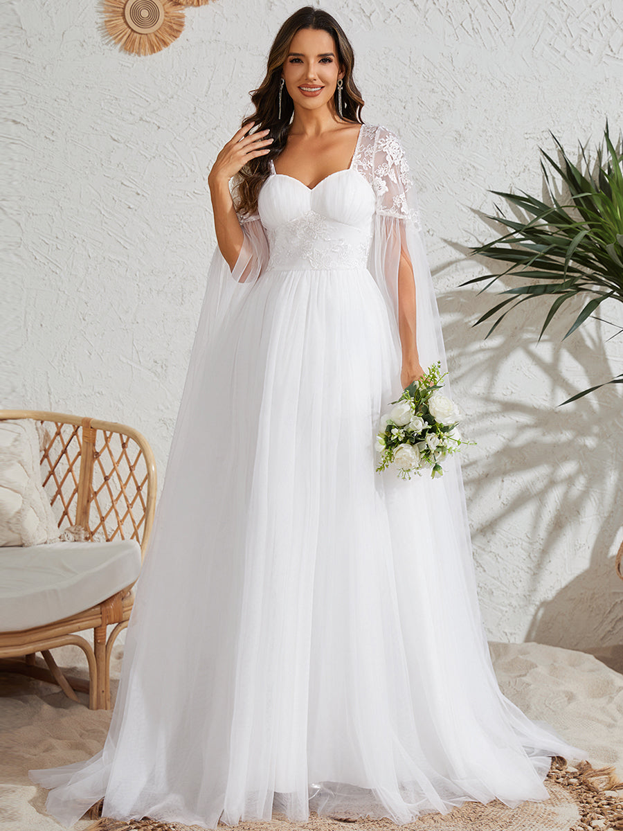 Color=White | Long Sleeve Backless Embroidered A-Line Sweep Train Wedding Dresses-White 4