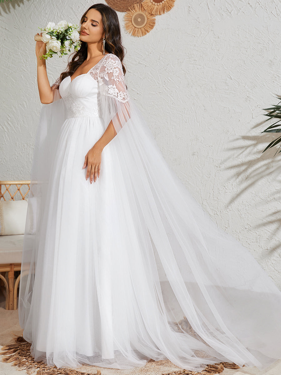 Color=White | Long Sleeve Backless Embroidered A-Line Sweep Train Wedding Dresses-White 5