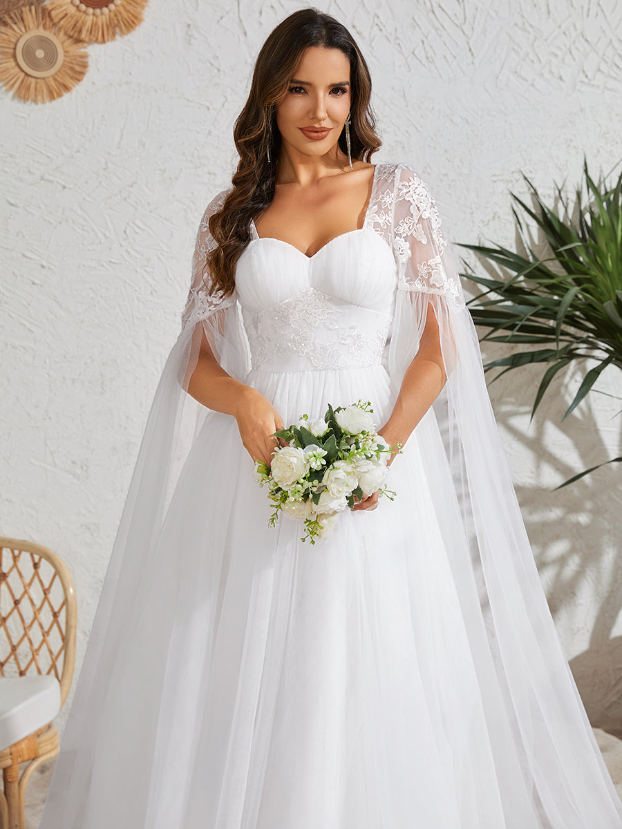 Color=White | Long Sleeve Backless Embroidered A-Line Sweep Train Wedding Dresses-White 3