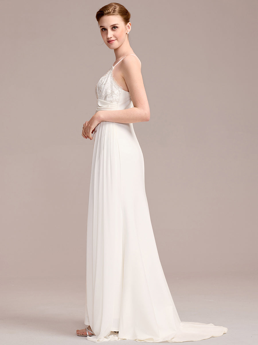 Color=White | One Stop Shop Sleeveless Fishtail Deep V-Neck Embroidered Wedding Dress with Ribbons-White 4