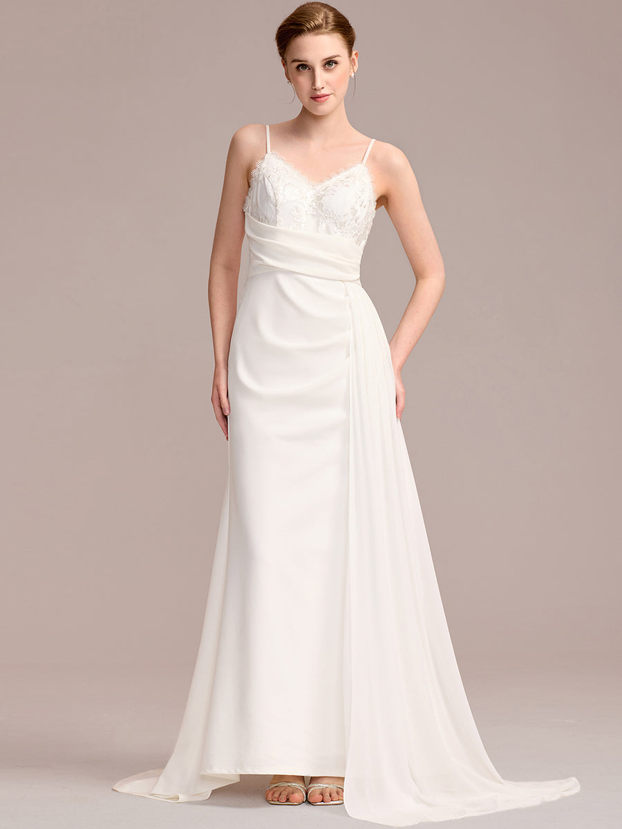 Color=White | One Stop Shop Sleeveless Fishtail Deep V-Neck Embroidered Wedding Dress with Ribbons-White 5
