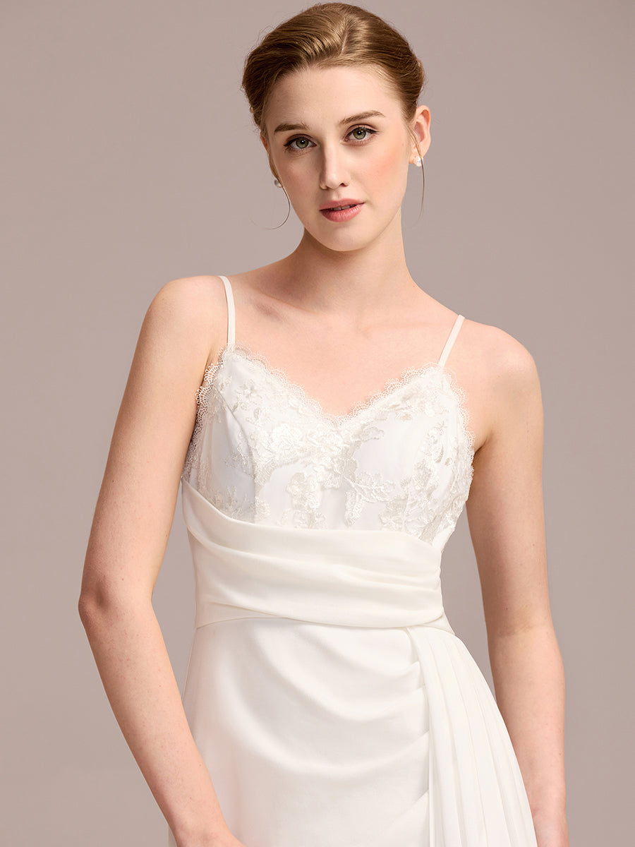 Color=White | One Stop Shop Sleeveless Fishtail Deep V-Neck Embroidered Wedding Dress with Ribbons-White 3