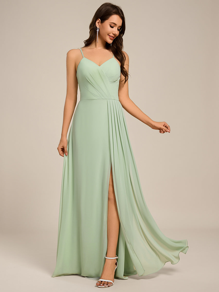 Color=Mint Green | Ever Pretty Wholesale Spaghetti Straps Asymmetrical Split & Padded Bust Chiffon Bridesmaid Dress-Mint Green 1