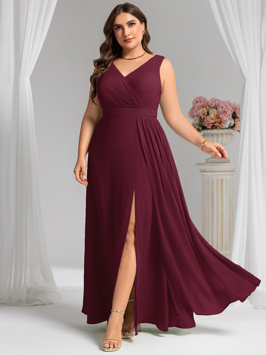Color=Burgundy | Wholesale Plus Size V-Neck A-Line Sleeveless Slit Bridesmaid Dresses-Burgundy 1