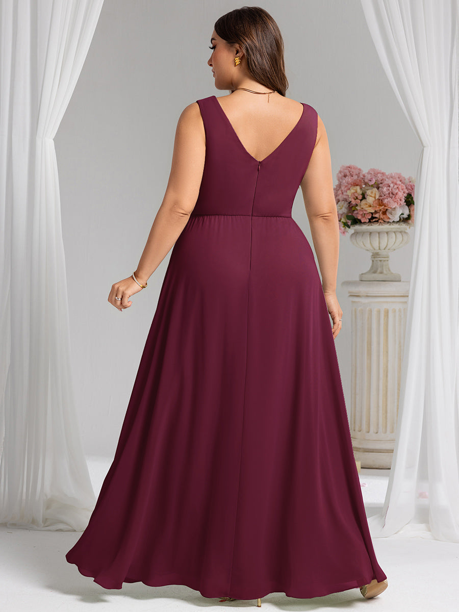 Color=Burgundy | Wholesale Plus Size V-Neck A-Line Sleeveless Slit Bridesmaid Dresses-Burgundy 2