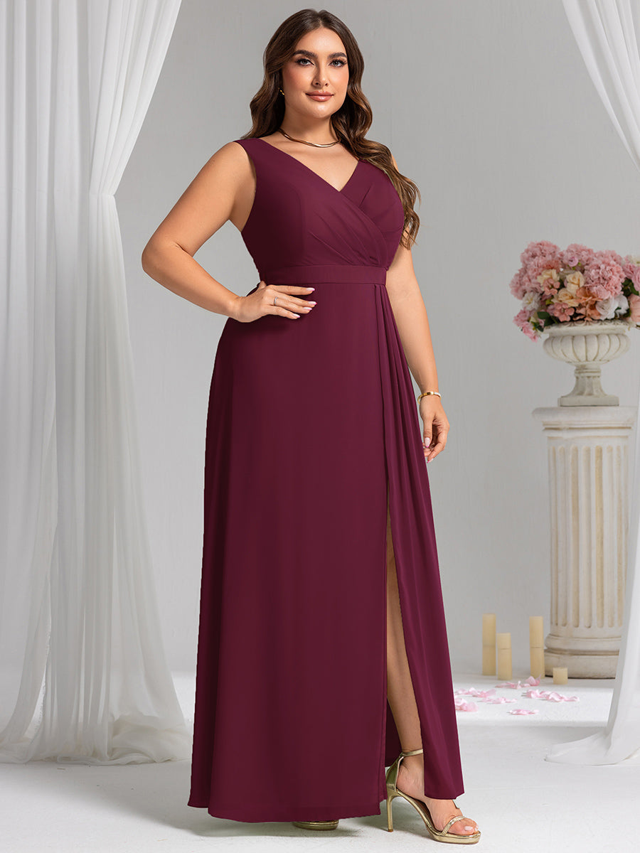 Color=Burgundy | Wholesale Plus Size V-Neck A-Line Sleeveless Slit Bridesmaid Dresses-Burgundy 4