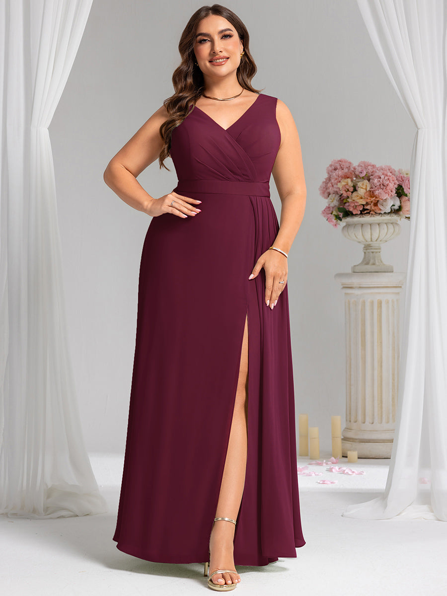 Color=Burgundy | Wholesale Plus Size V-Neck A-Line Sleeveless Slit Bridesmaid Dresses-Burgundy 5