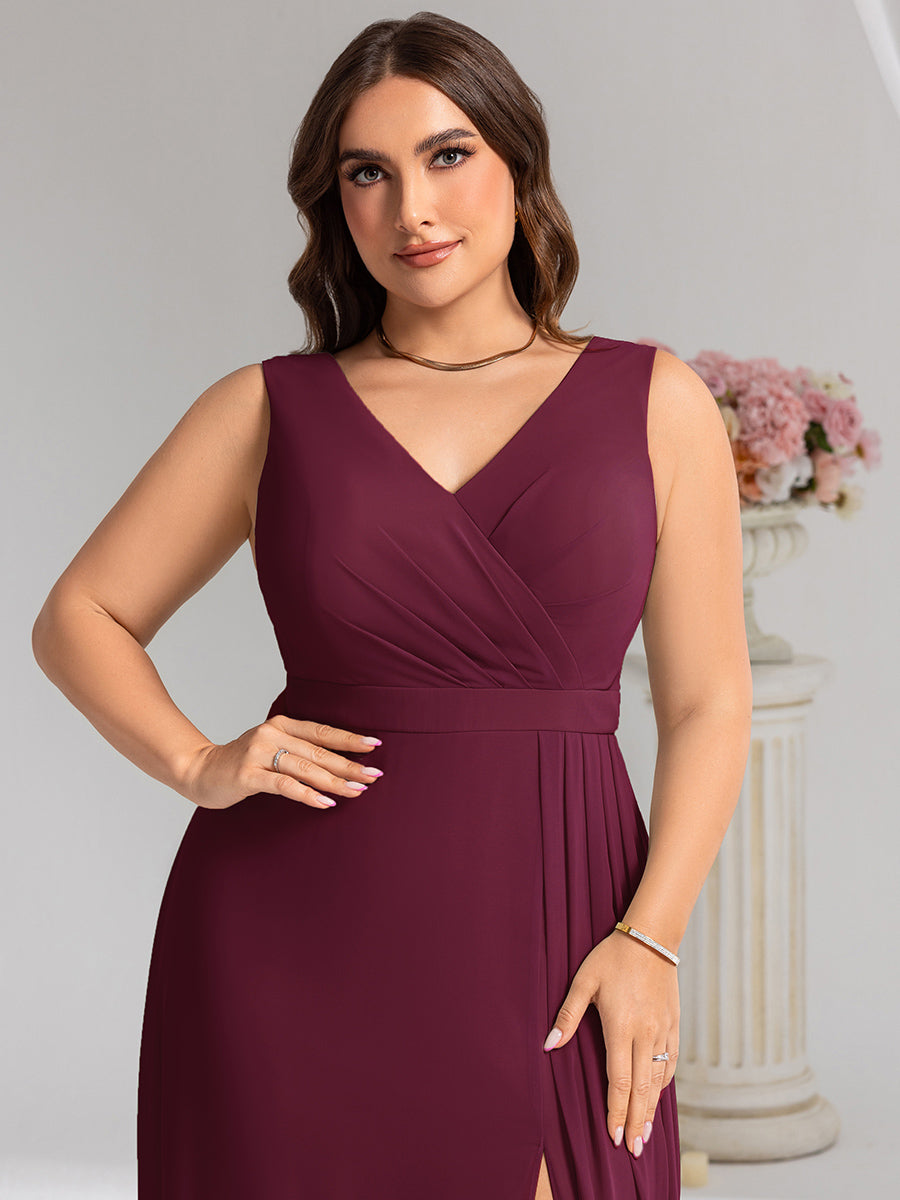 Color=Burgundy | Wholesale Plus Size V-Neck A-Line Sleeveless Slit Bridesmaid Dresses-Burgundy 3