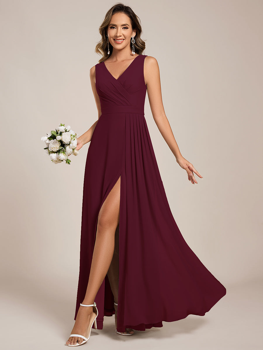 Color=Burgundy | Wholesale V - Neck A - Line Sleeveless Split Floor - Length Bridesmaid Dresses-Burgundy 21