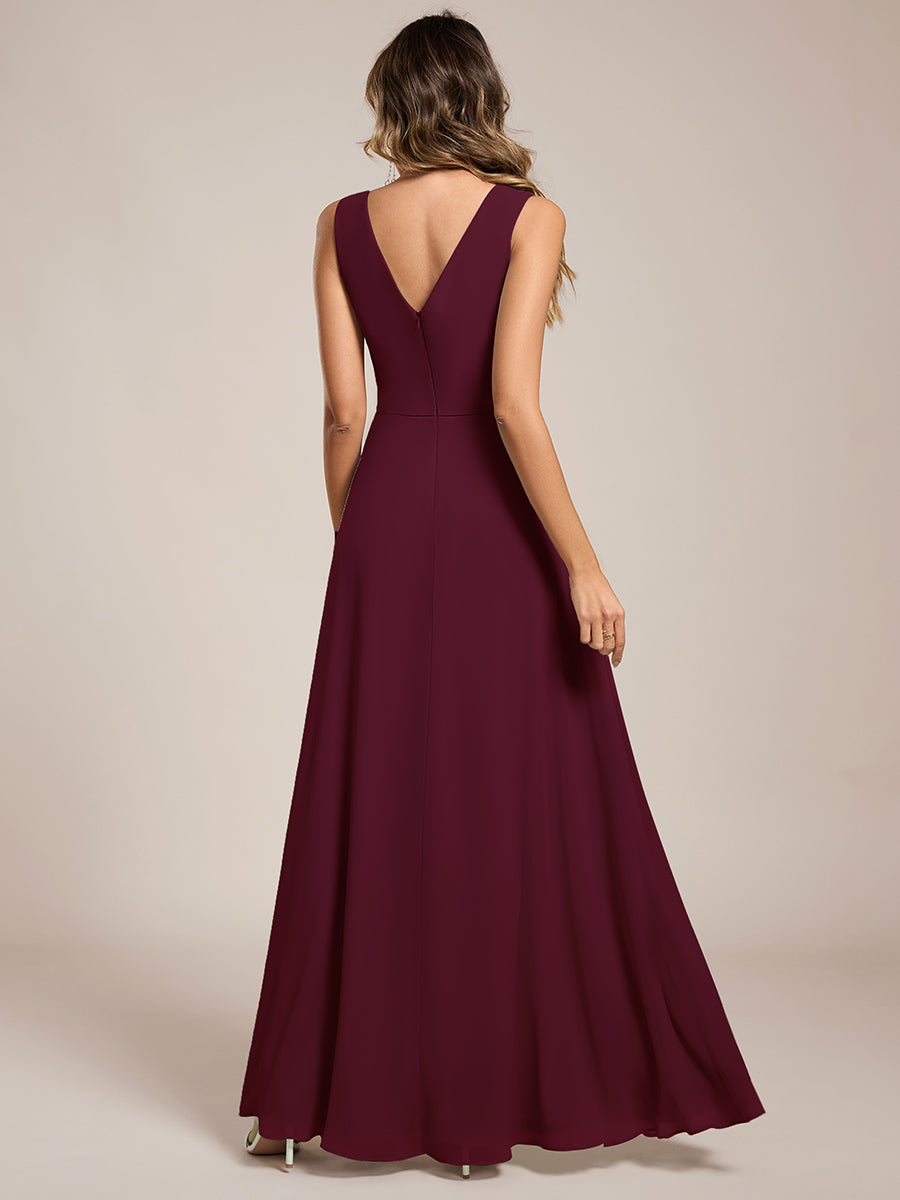 Color=Burgundy | Wholesale V - Neck A - Line Sleeveless Split Floor - Length Bridesmaid Dresses-Burgundy 22