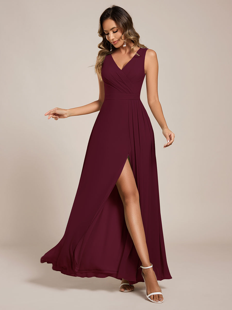 Color=Burgundy | Wholesale V - Neck A - Line Sleeveless Split Floor - Length Bridesmaid Dresses-Burgundy 23