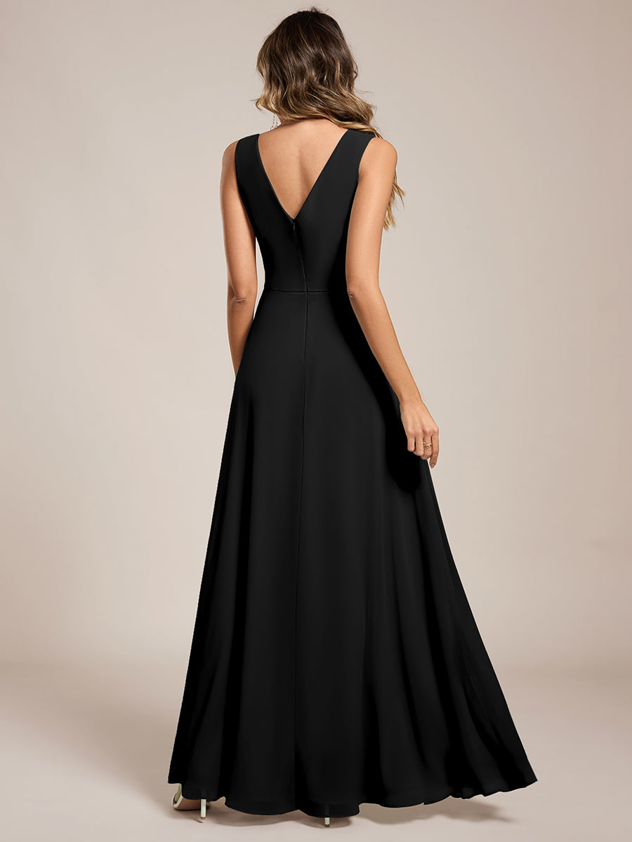 Color=Black | Wholesale V - Neck A - Line Sleeveless Split Floor - Length Bridesmaid Dresses-Black 27