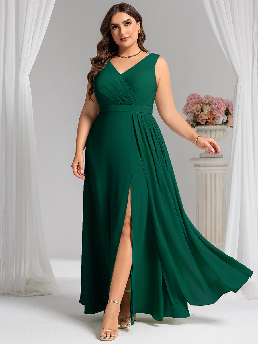 Color=Dark Green | Wholesale Plus Size V-Neck A-Line Sleeveless Slit Bridesmaid Dresses-Dark Green 6