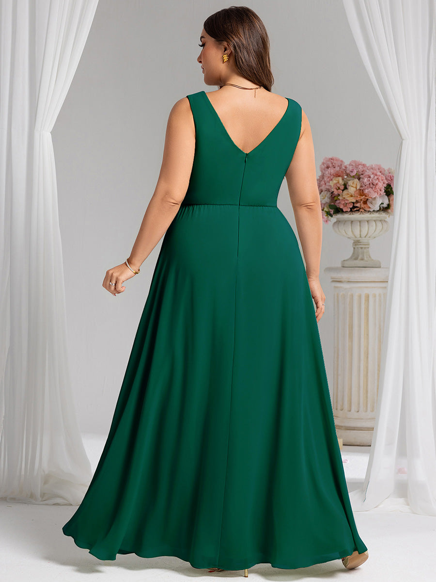 Color=Dark Green | Wholesale Plus Size V-Neck A-Line Sleeveless Slit Bridesmaid Dresses-Dark Green 7