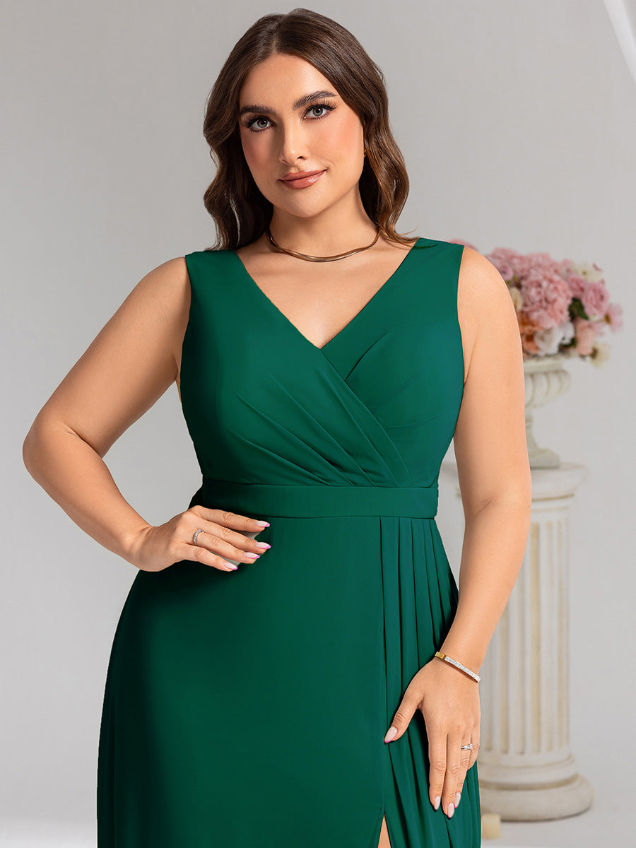 Color=Dark Green | Wholesale Plus Size V-Neck A-Line Sleeveless Slit Bridesmaid Dresses-Dark Green 8