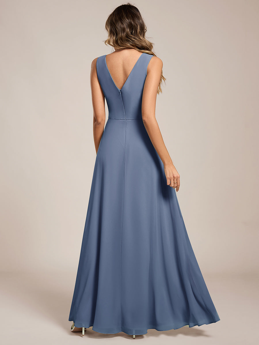 Color=Dusty Blue | Wholesale V - Neck A - Line Sleeveless Split Floor - Length Bridesmaid Dresses-Dusty Blue 2
