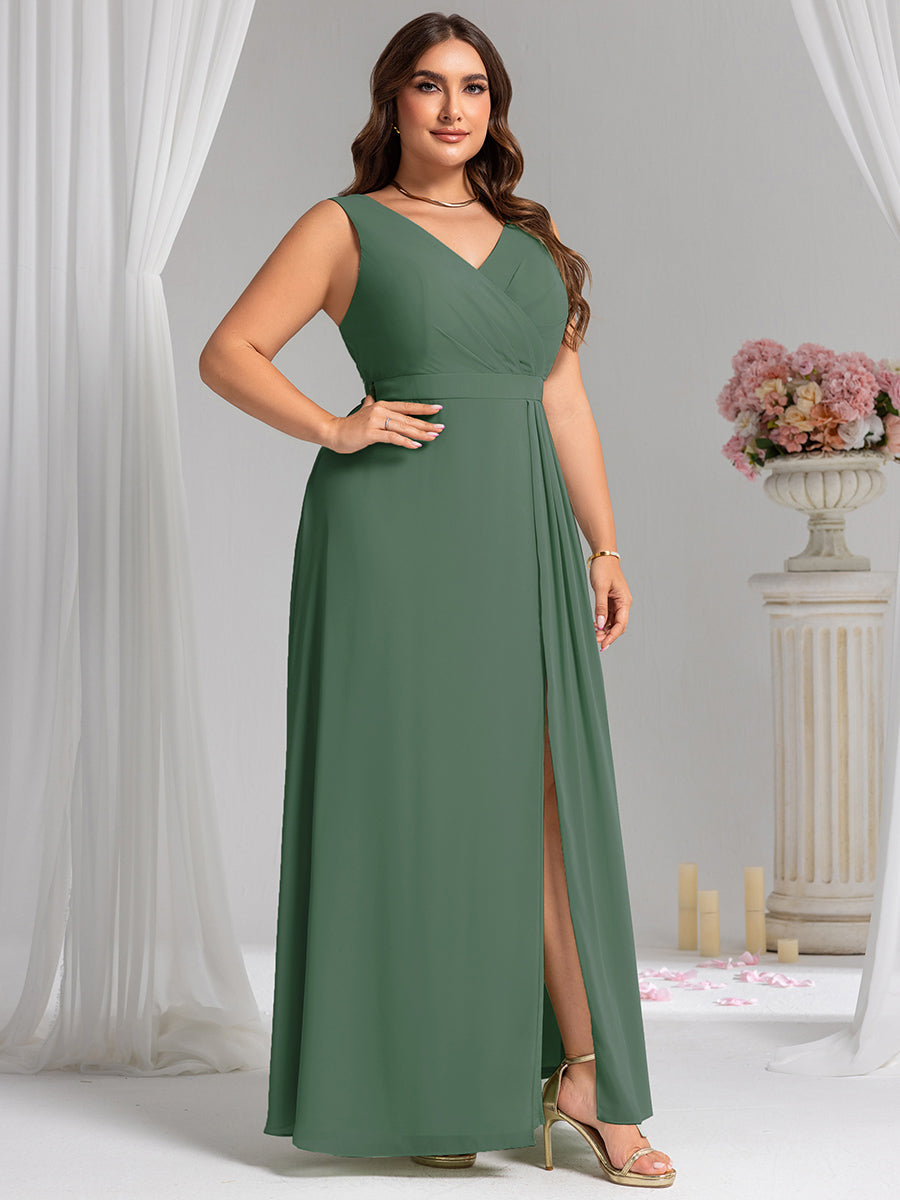 Color=Eucalyptus | Wholesale Plus Size V-Neck A-Line Sleeveless Slit Bridesmaid Dresses-Eucalyptus 14