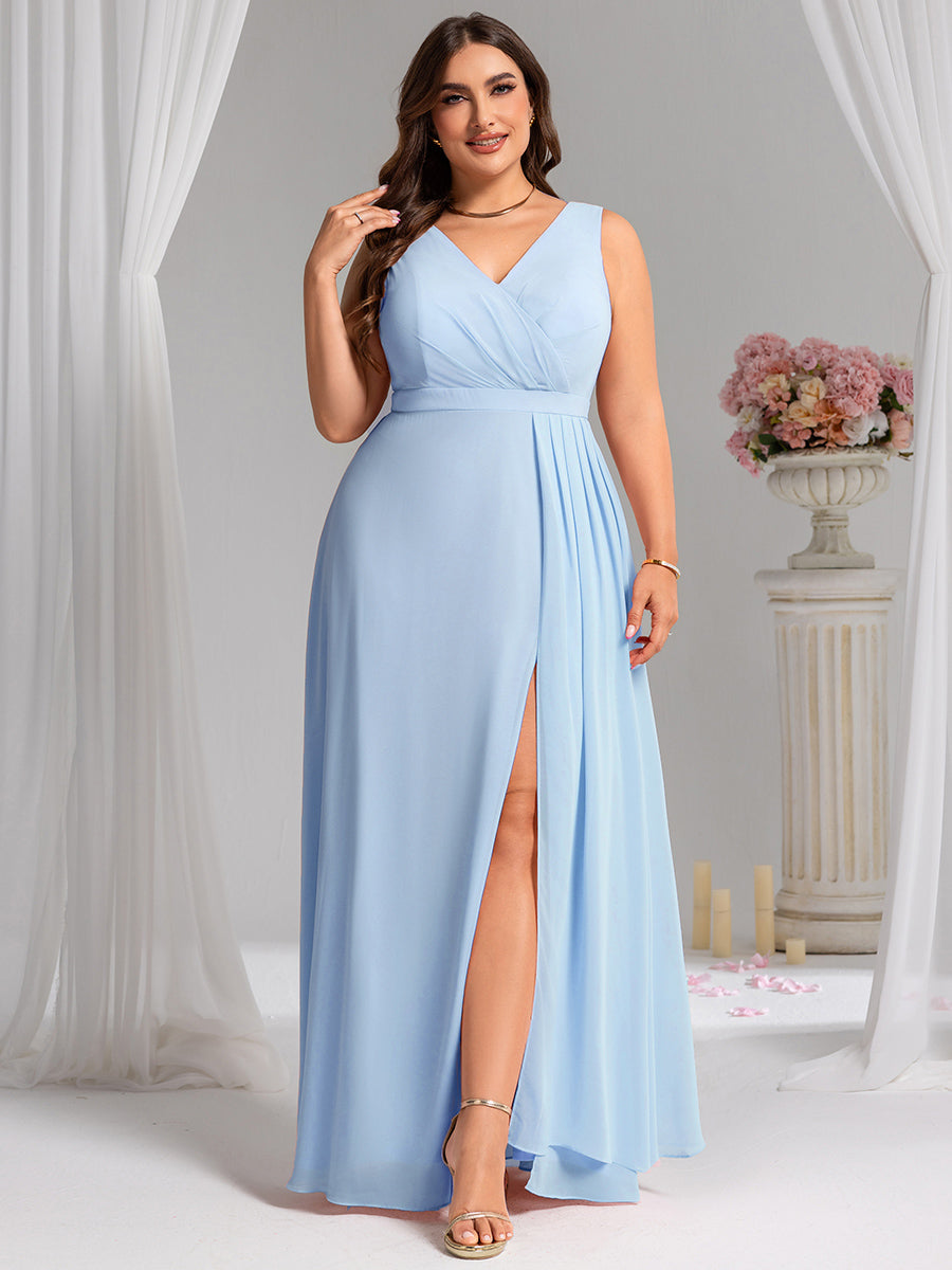 Color=Ice Blue | Wholesale Plus Size V-Neck A-Line Sleeveless Slit Bridesmaid Dresses-Ice Blue 20