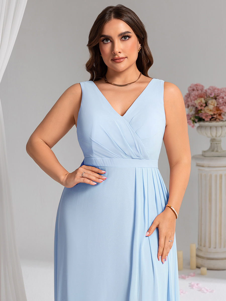 Color=Ice Blue | Wholesale Plus Size V-Neck A-Line Sleeveless Slit Bridesmaid Dresses-Ice Blue 18