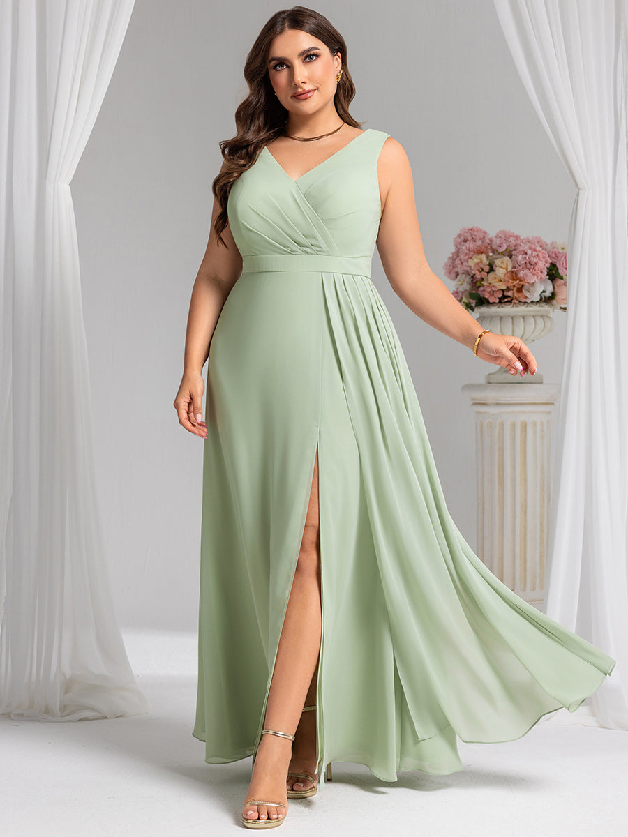 Color=Mint Green | Wholesale Plus Size V-Neck A-Line Sleeveless Slit Bridesmaid Dresses-Mint Green 21