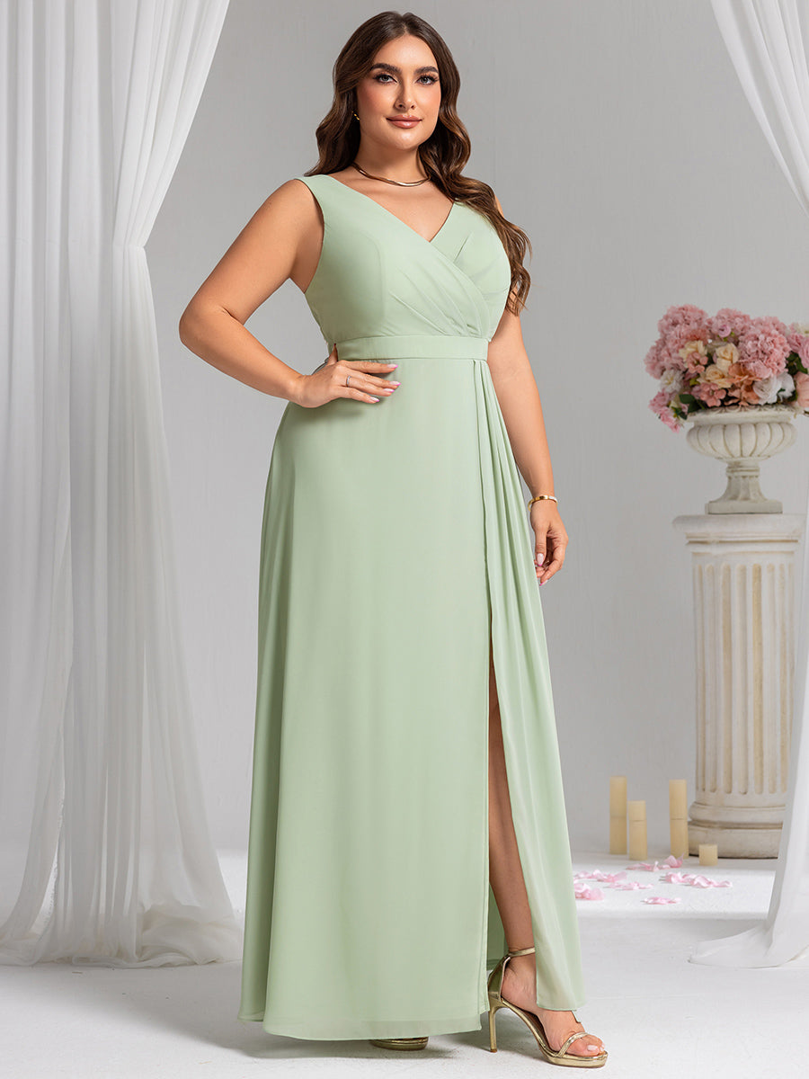 Color=Mint Green | Wholesale Plus Size V-Neck A-Line Sleeveless Slit Bridesmaid Dresses-Mint Green 24