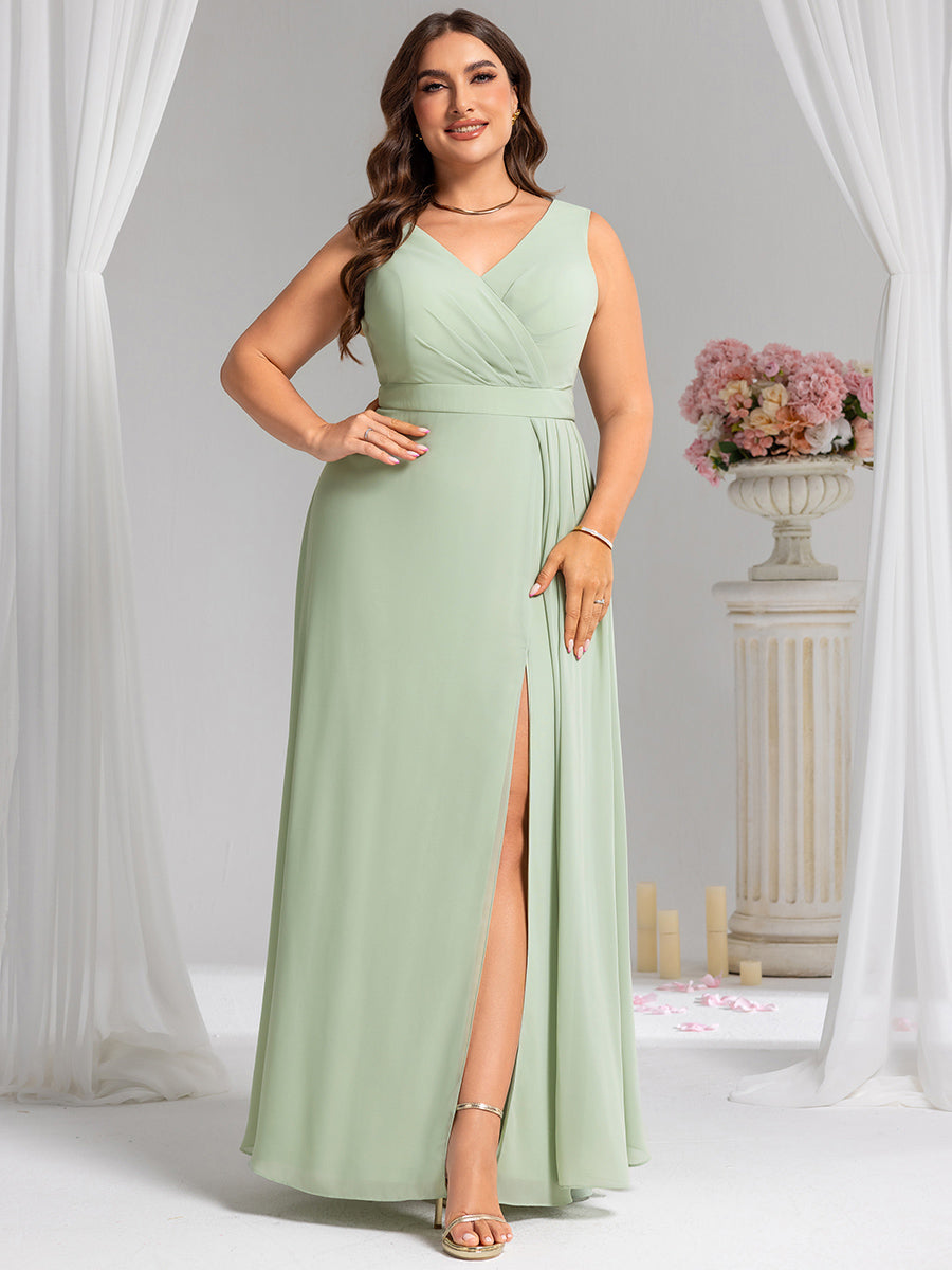 Color=Mint Green | Wholesale Plus Size V-Neck A-Line Sleeveless Slit Bridesmaid Dresses-Mint Green 25