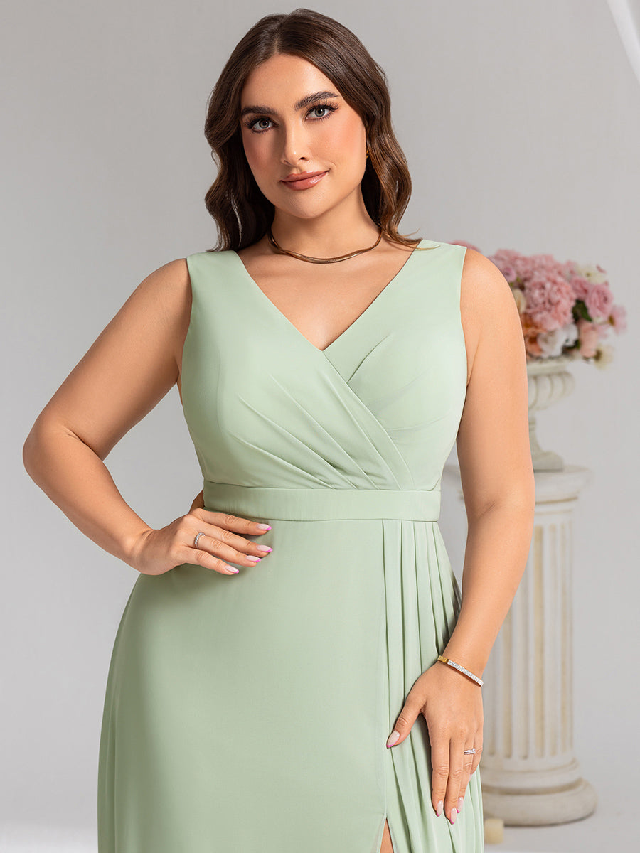 Color=Mint Green | Wholesale Plus Size V-Neck A-Line Sleeveless Slit Bridesmaid Dresses-Mint Green 23