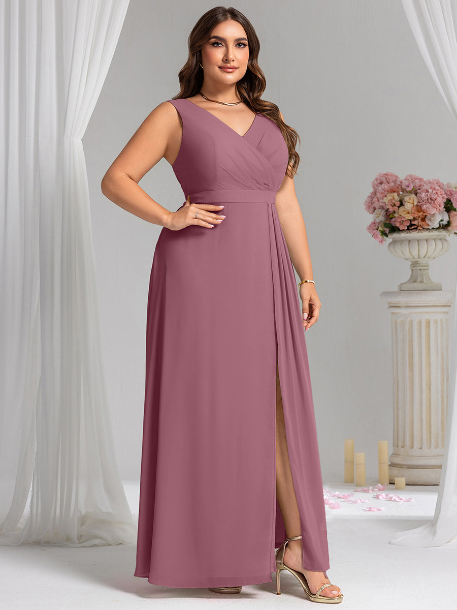 Color=Purple Orchid | Wholesale Plus Size V-Neck A-Line Sleeveless Slit Bridesmaid Dresses-Purple Orchid 29