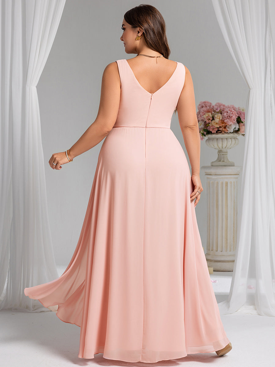 Color=Pink | Wholesale Plus Size V-Neck A-Line Sleeveless Slit Bridesmaid Dresses-Pink 32